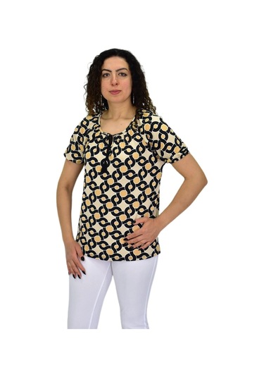 Kadın Kısa Kol Baskılı Bluz Bgl-st04700 Bej