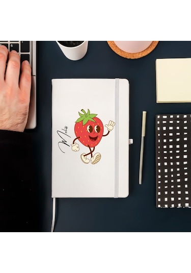 Kişiye Özel Çilek Karakterli Eğlenceli Tasarım Deri Kapak Defter Beyaz