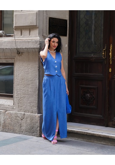Kadın Yelekli Maxi Etekli Takım Mavi