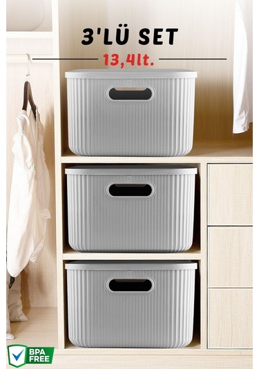 3'lü Set Çok Amaçlı Düzenleyici Depolama Kutusu Gri 13,4lt