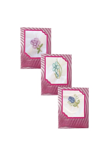 3 Lü Özel Paket Premium Kadın İşlemeli Mendil Seti %100 Pamuk 28x28 Cm