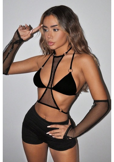 Merry See 3 Parçalı Eldiven Sütyen Crop Takım Siyah