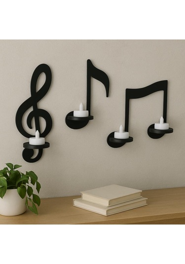 Cajuart Siyah Ahşap Notalar 3 Parça Led Mumlu Duvar Dekoru Dekoratif Tablo