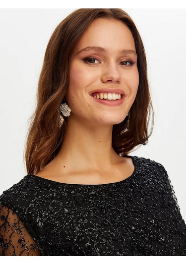 Faik Sönmez Boncuk İşli Kayık Yaka Kadın Abiye Bluz W26blz001 Siyah