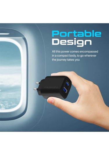 Promate BiPlug-2 17W Yüksek Hızlı Şarj Cihazı, 5V/3A Type-C, 5V/2,4A USB Duvar Şarj Adaptörü, Aşırı Şarj Koruma