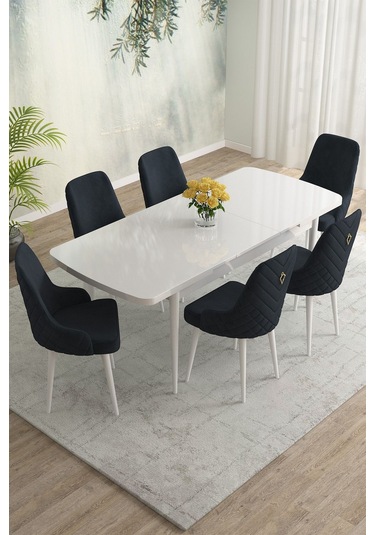 Meri Serisi Beyaz 80x132 Açılabilir Mdf Masa Yemek Odası Takımı, Mutfak Masa Takımı 6 Adet Sandalye Antrasit