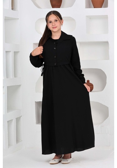 Kız Çocuk Uzun Boy Gofre Kumaş Jile & Elbise İki Parça Takım Astarlı Zarif Set-4948 Siyah