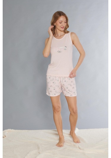 Dowry Askılı Şort Takım - Sevimli Desenli Yazlık Viskon Pijama Dowry 06-67 Pembe