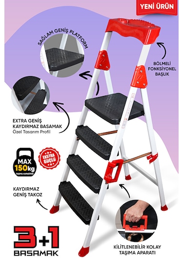 Elegance 3+1 Geniş Basamaklı Kolay Taşıma Aparatlı Merdiven Kaliteli Paslanmaz 3+1 Basamaklı