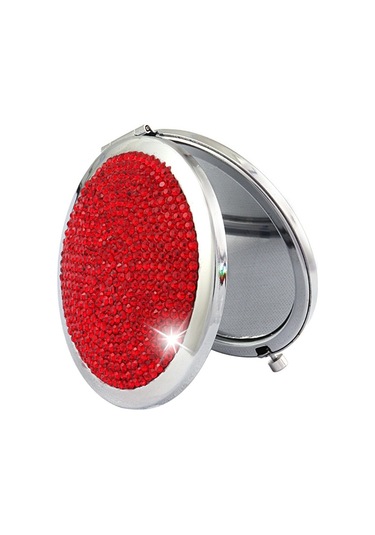 Sones Elmas İşlemeli Metal Çift Taraflı Katlanır Mini Taşınabilir Yuvarlak Küçük Makyaj Aynası Kırmızı