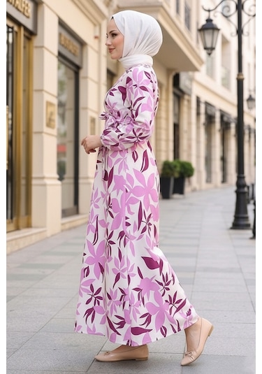 Bestenur Zerya Desenli Keten Elbise 1718 - Pembe