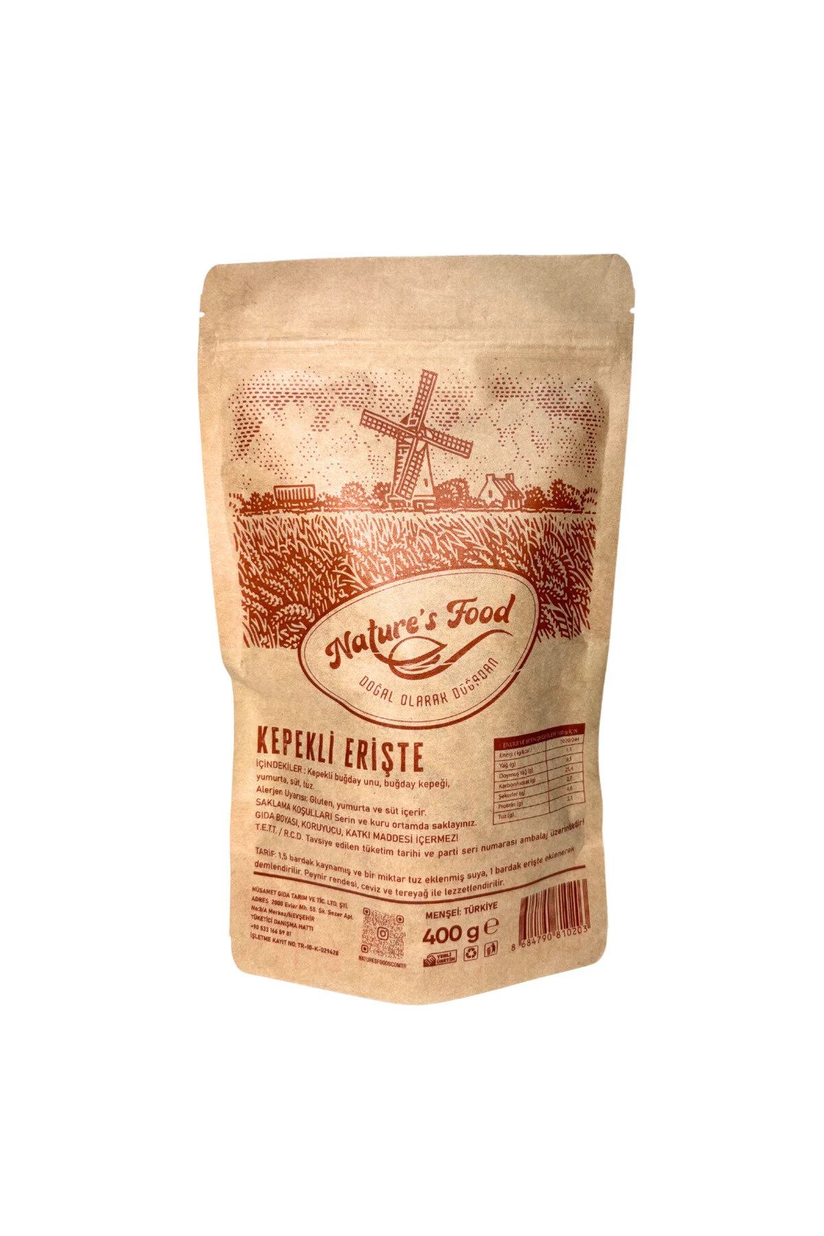 Kepekli Erişte 400gr Kepekli Buğday Unu, Buğday Kepeği, Yumurta, Süt Az Tuzlu