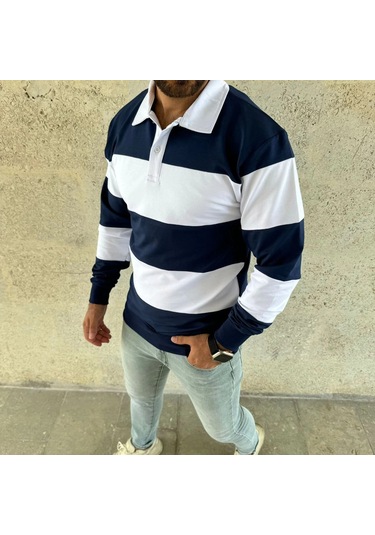 Erkek Polo Yaka Uzun Kollu Çizgili Sweatshirt Trend Rugby Stil - Lacivert Siyah