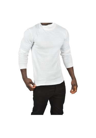 Deepsea Erkek Beyaz Desenli Dar Kesim Tam Balıkçı Yaka Triko Boğazlı Kazak 2505510 Beyaz