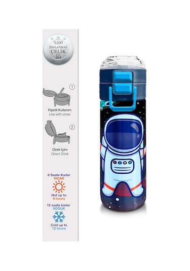 Coral High Kids Saks Mavi Astronot Desenli Pipetli Ve Direkt İçim Çelik Termos 500 Ml 31933 Saks Mavi
