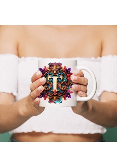 T Harfi Boho Bardak, Renkli Özel Tasarım Hediyelik Harfli Kupa, 330ml Porselen Beyaz