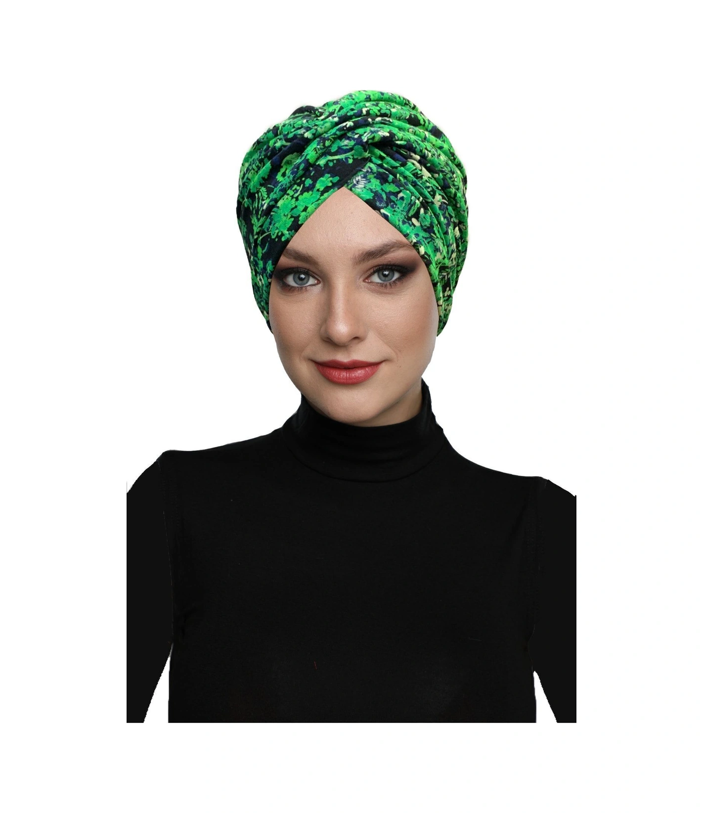 Fidan Desenli Çapraz Penye Yeşil Lacivert Çiçek Motifli Hazır Türban Tesettür Havuz Bonesi Yeşil Lacivert