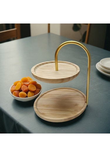 Bambu 2 Katlı Stant, Sunum Standı , Çift Katlı Sunumluk, Dekoratif Stant, Sunum Seti - Yuvarlak / Altın Altın