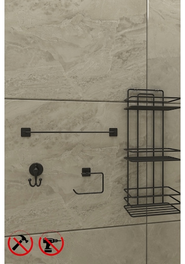 Alper Banyo Yapışkanlı Siyah 3 Katlı Banyo Rafı TŞ03 Jasmin Kağıtlık Uzun Havluluk Lotus V Bornoz Askılık Siyah