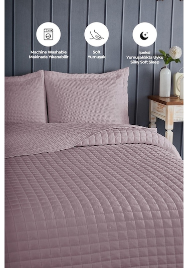 Evlen Home Joy Pamuklu Yatak Örtüsü Seti Çift Kişilik 3 Parça Elyaf Dolgulu Yumuşak Günlük Yıkanabilir Lila
