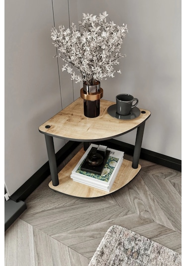 2 Katlı Dekoratif Köşe Kitaplık Meşe Meşe