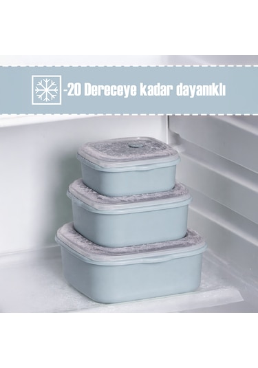 Porsima 5317 Kilitli Sızdırmaz Kapaklı Hava Tahliye Contalı Çok Amaçlı 3lü Kare Erzak Yiyecek Saklama Kabı Seti Mavi - 500-900-1500ml Mavi