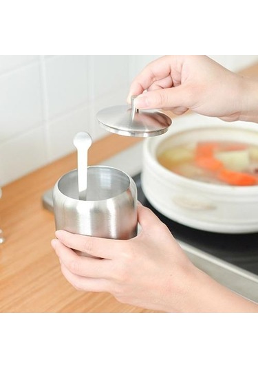 Dayanıklı Paslanmaz Çelik Şeker Kase Ev Çeşni Pot Mutfak Baharat Konteyner Kapak Kaşıkla Küçük Kaşık Kavanoz Gümüş Şeker Ve Amp Amp Krema Tencere 4 Izgara