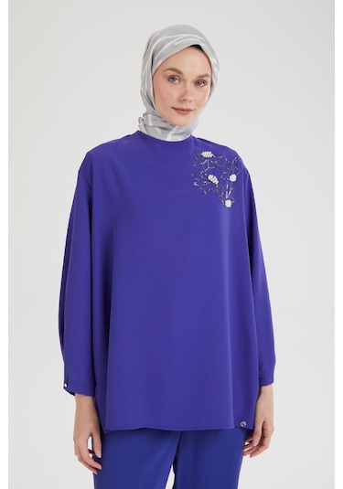 Armine Trend Kolları Düğmeli Taş Desenli Tunik-morcivert 25yt443 Morcivert