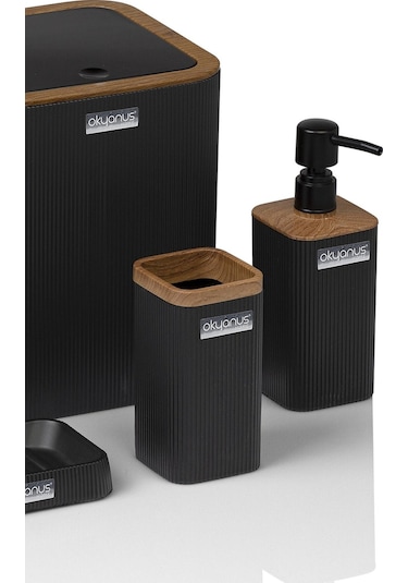 Okyanus Home Mina Siyah Ahşap Desenli Çizgili Kare 5'li Banyo Seti Siyah