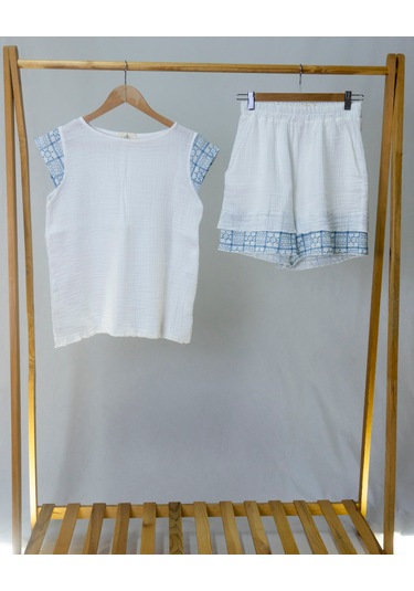 Süper Hafif %100 Pamuk 2 Katlı Müslin Şort - Tişört İkili Takım Pijama Gots Sertifikalı Mavi