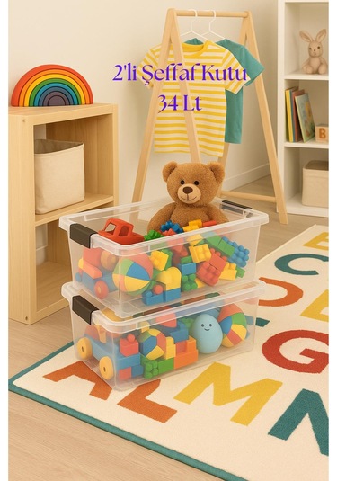 2 Li Şeffaf Saklama Kutusu & Düzenleme Kutusu & Oyuncak Kutusu 34 Lt Şeffaf