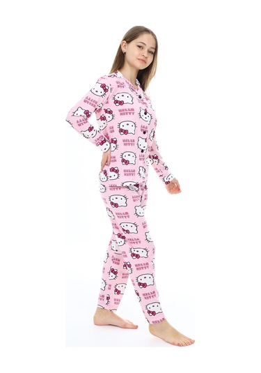 Kız Çocuk Kedi Baskılı Pijama Takımı 7-16 Yaş 0150 Pembe