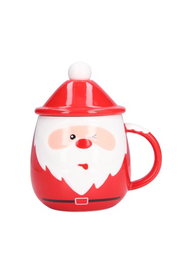 Yaleker Noel Baba Desenli Seramik Bardak, 450ml Kapasite, Kapağı Ve Kaşığı İle, Çay Kahve Süt İçin, Ev Ofis Kullanıma Uygun Diğer