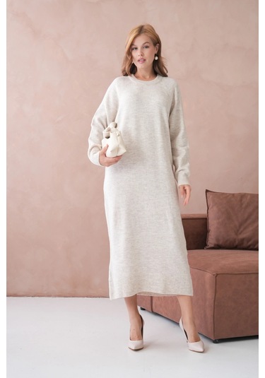 Kadın Bisiklet Yaka Yumuşak Dokulu Maksi Boy Şardonlu Oversize Triko Elbise 8324sw Taş