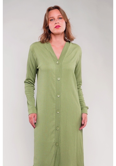 Gabria Ön Düğmeli Seul Uzun Hırka Haki
