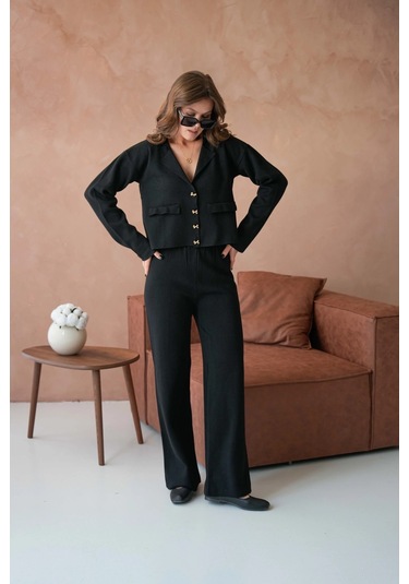 Kadın V Yaka Düğme Detay Ceket Pantolon İkili Triko Takım Siyah