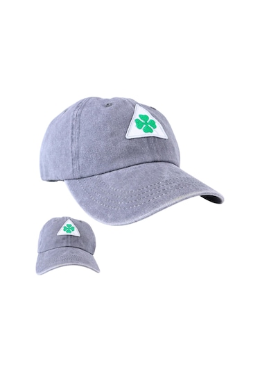 Perlotus Vintage Yıkamalı Pamuk Şapka Dört Yapraklı Yonca Nakışlı Gri Gri