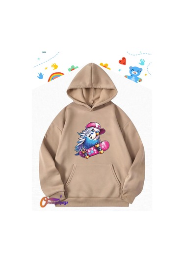 Muhabbet Kuşu Tasarım Çocuk Sweatshirt Hoodie Bej