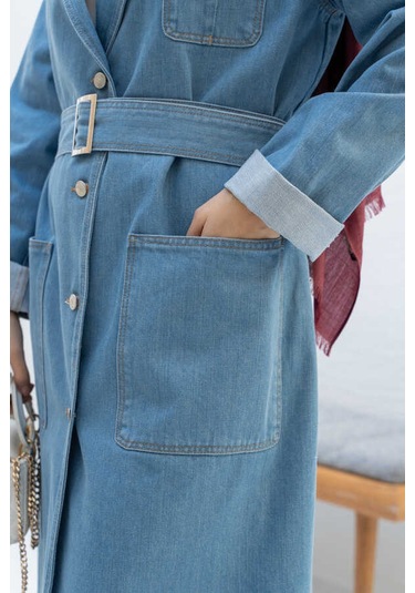 Neways 6655-kuşaklı Denim Ceket Mavi Mavi