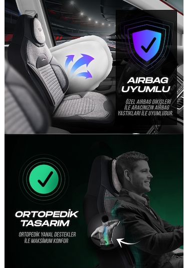 Gri - Siyah Panda Enzo Serisi Keten Kumaş Oto Koltuk Kılıfı - Tam Set