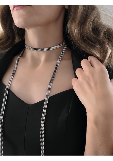 Gümüş Kaplama Siyah Üç Sıralı Su Yolu Şal Model Kolye Siyah