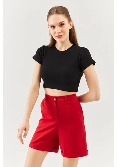 Kadın Kısa Kol Bisiklet Yaka Vücuda Oturan %100 Pamuklu Kaşkorse Esnek Crop Bluz Siyah