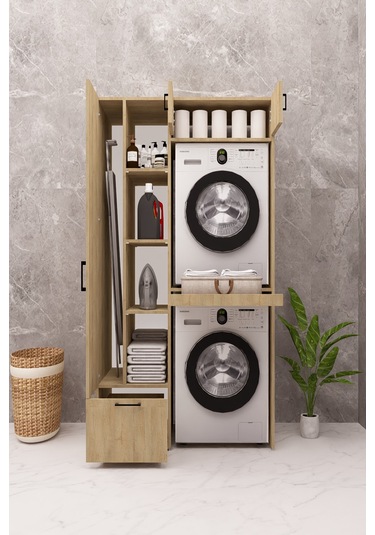 Mdf Çamaşır Makinesi Ve Kurutma Makinesi Dolabı Ütü Masalı Ahşap Lefkas Meşe