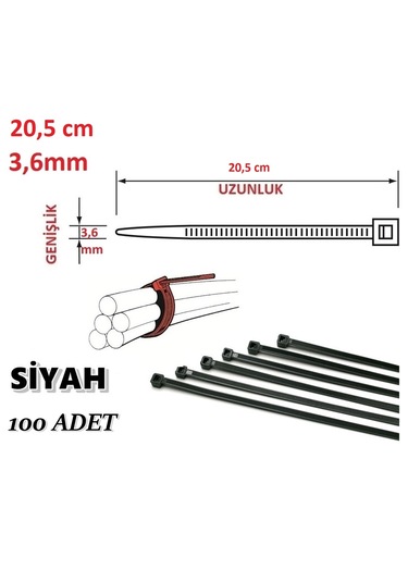 100 Adet 20cmx3,6mm Siyah Plastik Cırt Kelepçe Kablo Bağı