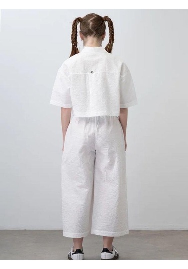 Kız Çocuk Crop Gömlek Poplin Pantolon Takım-15793 Beyaz