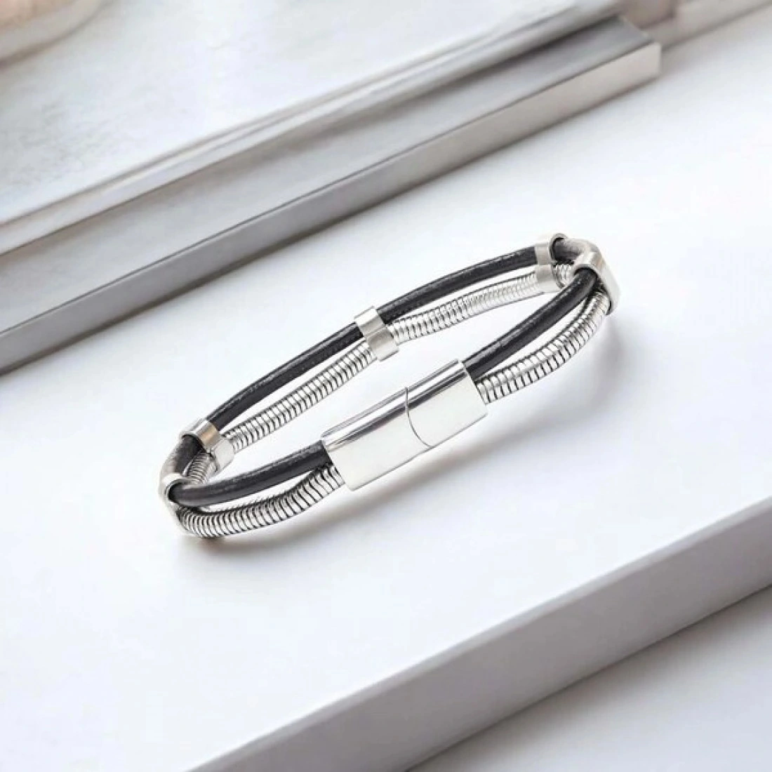 Moncuk Design Spiral Çelik Zincir Ve Deri Bileklik 3351blk1001 Çok Renkli