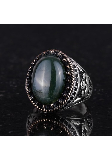 Gerçek Doğal Taş Yüzük - El Yapımı Kartal Yüzüğü - 925 Ayar Gümüş Moss Agate Yüzük Gümüş