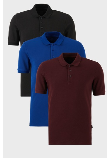 Buratti Pamuklu Regular Fit Düğmeli Polo Yaka 3'Lü Paket Erkek T Shirt 5902127S3 Siyah-Vişne-Saks