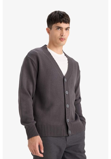 Defacto Relax Fit V Yaka Hırka E5343ax25wngr314 Gri