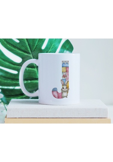 J Harfli Tavşan Kupa - Patchwork / Yamalı Desenli İsme Özel Kupa - Pastel Vintage Tarz Hediyelik 07 Beyaz